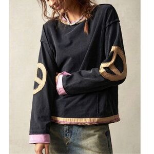 Cozy Peace Patch Oversized Reverse Stitch Color Block Top XS S M L XL